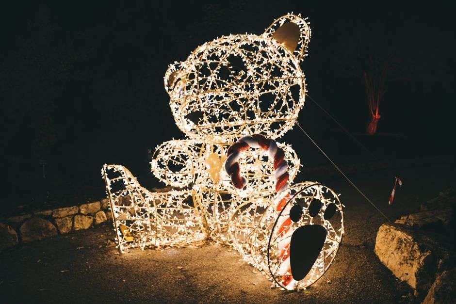 Holiday light displays glowing along the garden paths at Bellingrath Gardens in Theodore, Alabama