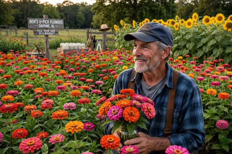 Illustration for the news story: Ben’s U-Pick Flowers: How a Daphne Farmer Turns 40,000 Zinnias Into Smiles Across the Eastern Shore