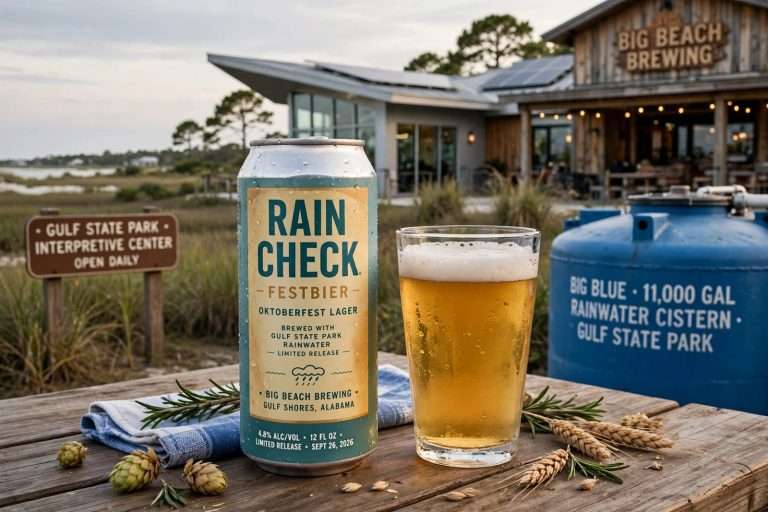 Illustration for the news story: Rain Check Festbier Returns: Big Beach Brewing Turns Gulf State Park Rainwater Into an Oktoberfest Lager