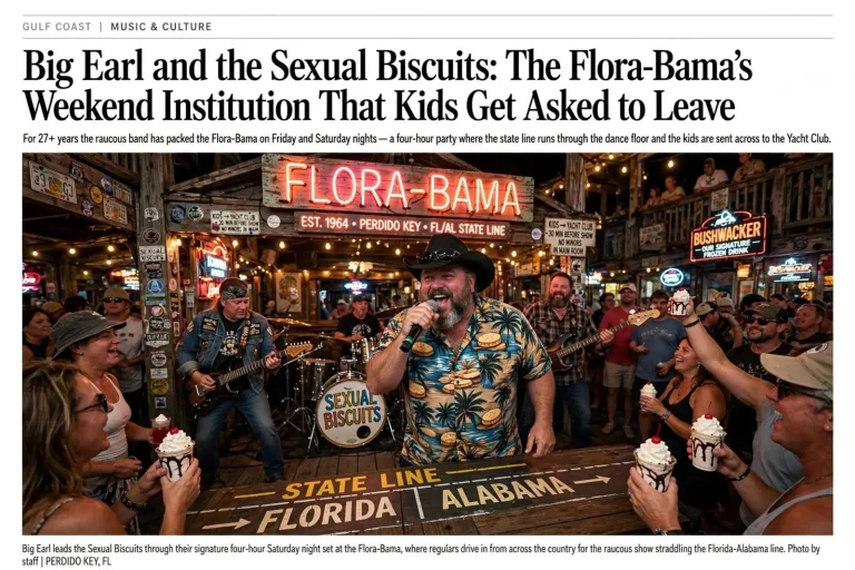 Illustration for the news story: Big Earl and the Sexual Biscuits: The Flora-Bama’s Weekend Institution That Kids Get Asked to Leave