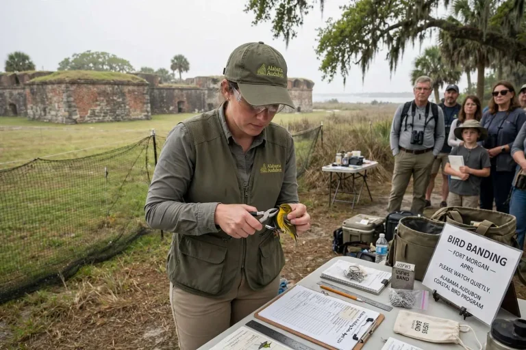 Illustration for the news story: Bird Banding at Fort Morgan: Where Exhausted Migrants Land and Alabama Audubon Catches Its Breath