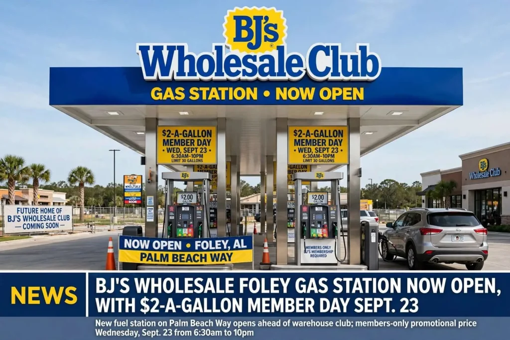 Illustration for the news story: BJ’s Wholesale Foley Gas Station Now Open, With $2-a-Gallon Member Day Sept. 23