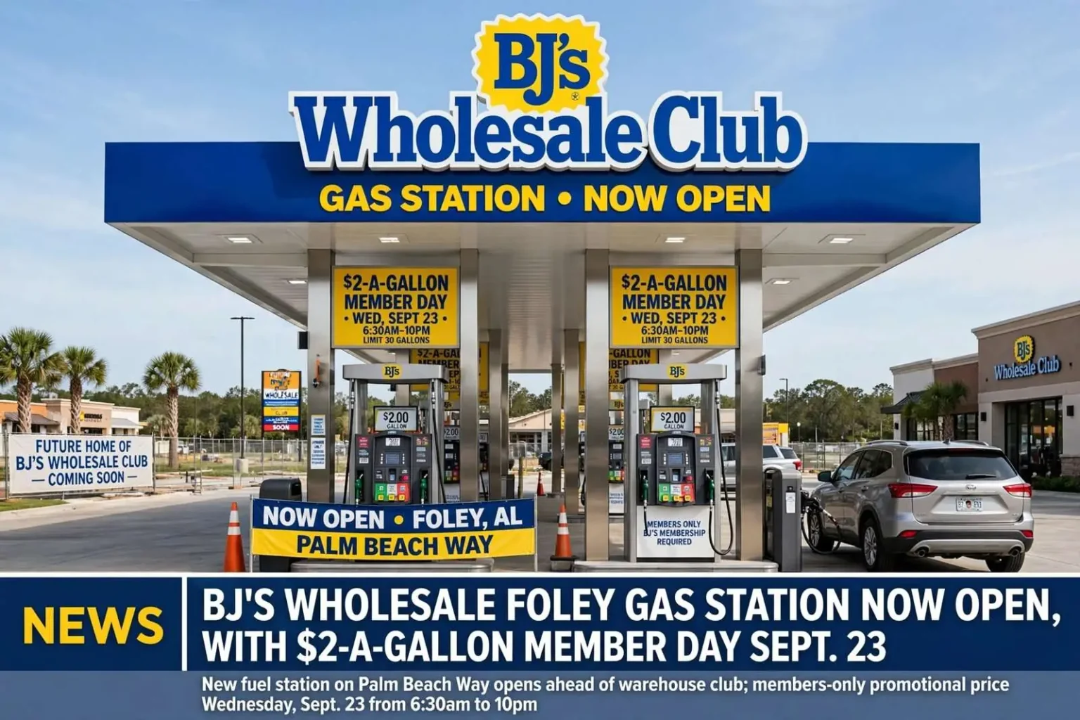 Illustration for the news story: BJ’s Wholesale Foley Gas Station Now Open, With $2-a-Gallon Member Day Sept. 23