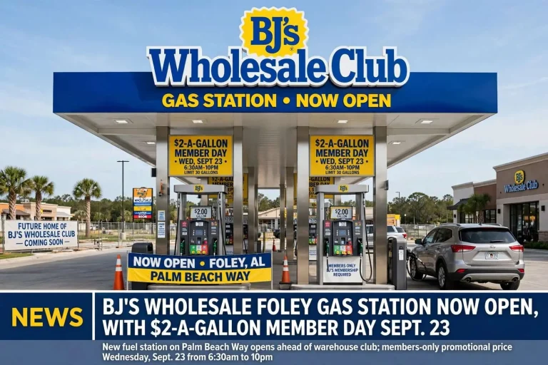 Illustration for the news story: BJ’s Wholesale Foley Gas Station Now Open, With $2-a-Gallon Member Day Sept. 23