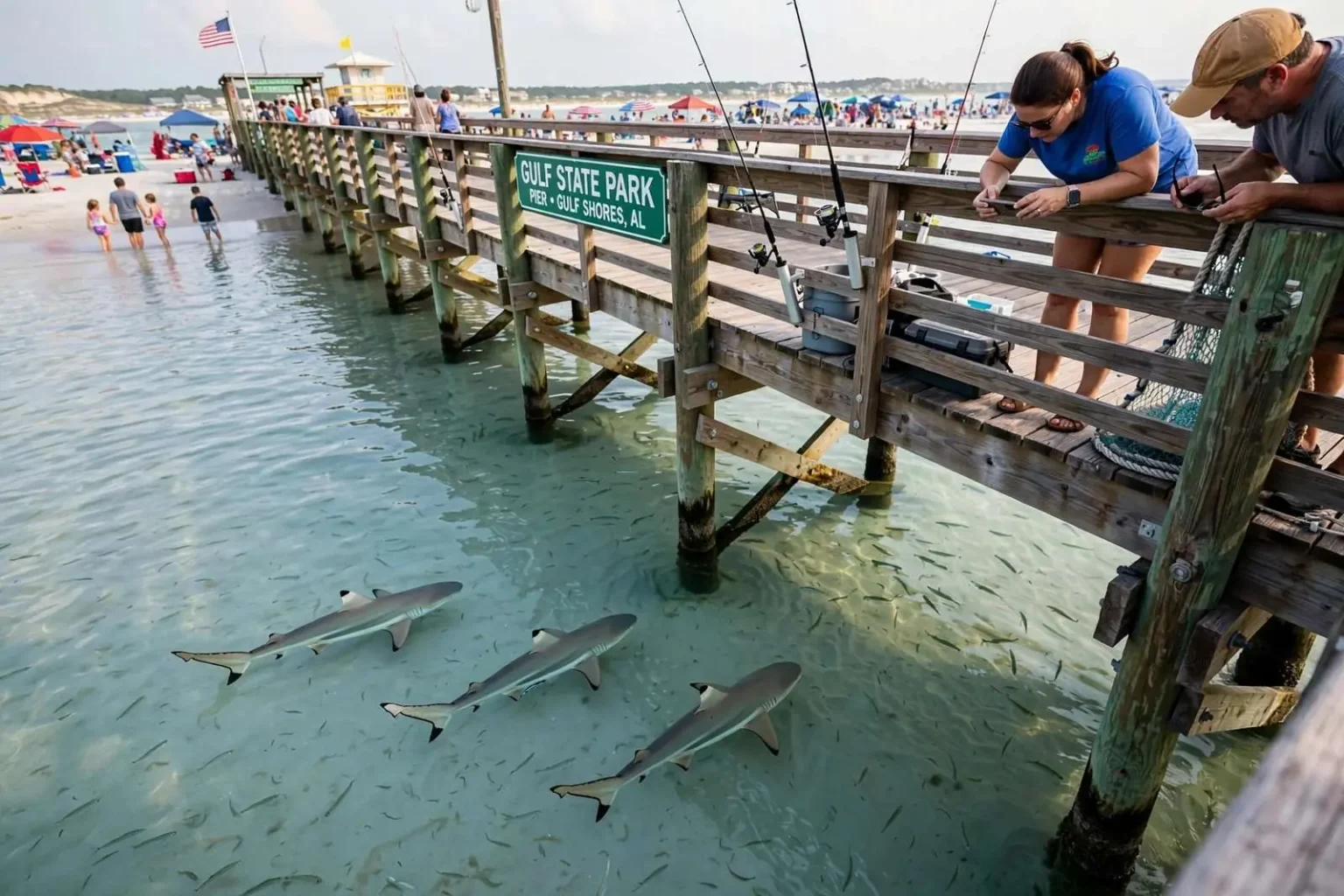 Illustration for the news story: Blacktip Sharks Filmed in the Shallows at Gulf State Park Pier Over Labor Day Weekend