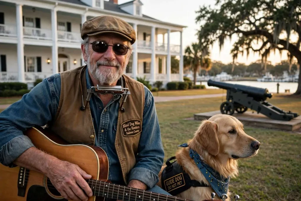 Illustration for the news story: Blind Dog Mike: The Point Clear Musician Who Fires the Cannon at the Grand Hotel