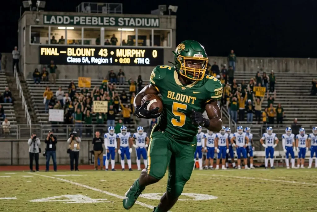 Illustration for the news story: Blount Blanks Murphy 43-0 at Ladd-Peebles as Keevaughn Johnson Runs for 175 Yards
