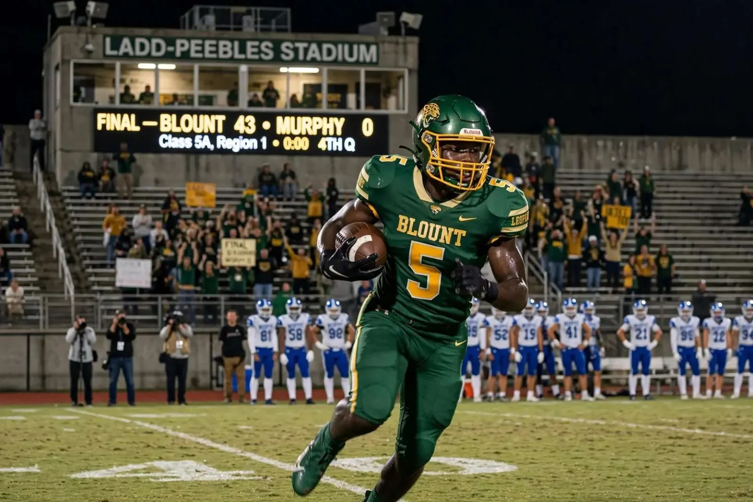 Illustration for the news story: Blount Blanks Murphy 43-0 at Ladd-Peebles as Keevaughn Johnson Runs for 175 Yards