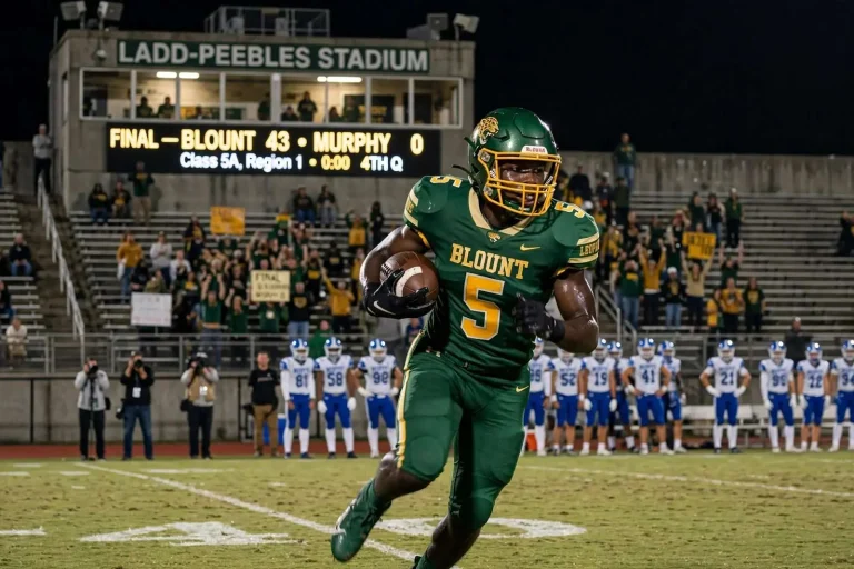 Illustration for the news story: Blount Blanks Murphy 43-0 at Ladd-Peebles as Keevaughn Johnson Runs for 175 Yards