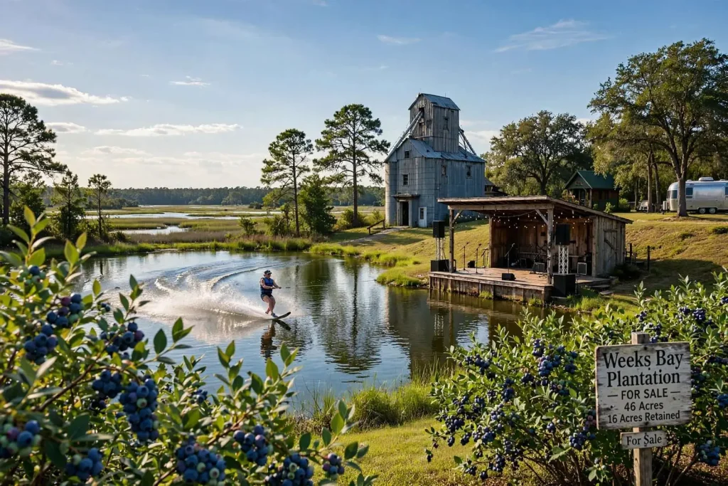 Illustration for the news story: Blueberries, Water Skiing and Live Music: Inside Weeks Bay Plantation as It Hits the Market