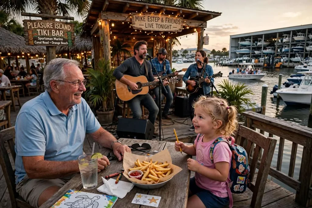 Illustration for the news story: Boats, Fries and a Nashville Jam: A Family Night at the Orange Beach Tiki Bar