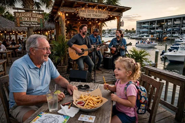 Illustration for the news story: Boats, Fries and a Nashville Jam: A Family Night at the Orange Beach Tiki Bar