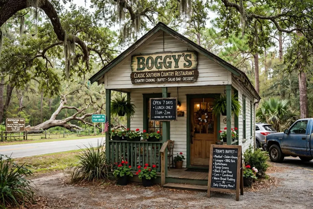 Illustration for the news story: Boggy’s: The Country Cooking Buffet Across From Baldwin County’s Famous Fallen Oak