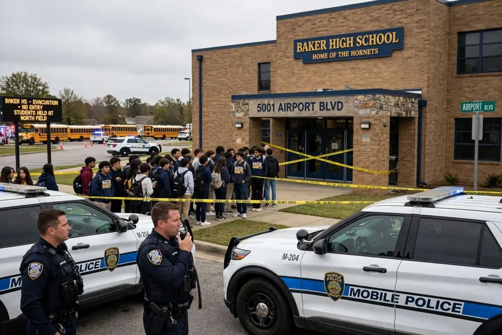 Illustration for the news story: Bomb Threat Temporarily Evacuates Baker High School in West Mobile