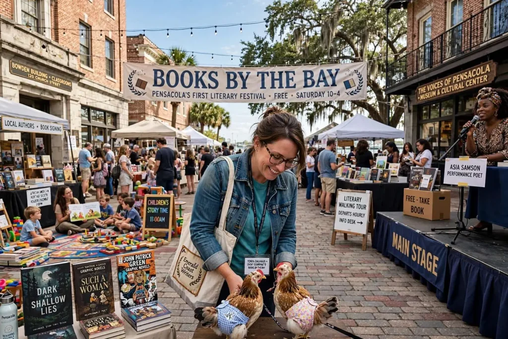 Illustration for the news story: Books by the Bay: How Pensacola Built a Literary Festival From a Lunch Meeting and a Lot of Chickens