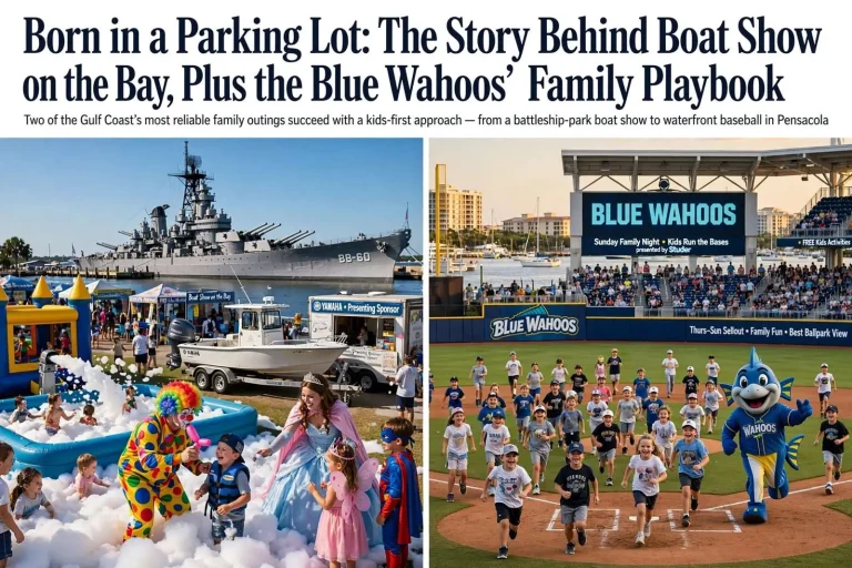 Illustration for the news story: Born in a Parking Lot: The Story Behind Boat Show on the Bay, Plus the Blue Wahoos’ Family Playbook