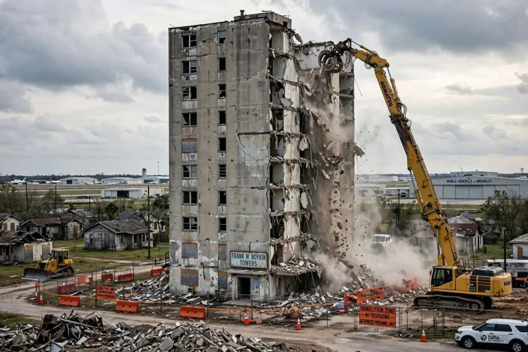 Illustration for the news story: A Trackhoe Reaches Eight Stories Up: Demolition Begins on Boykin Towers and the Birdville Neighborhood Around It