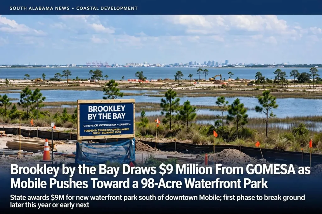 Illustration for the news story: Brookley by the Bay Draws $9 Million From GOMESA as Mobile Pushes Toward a 98-Acre Waterfront Park