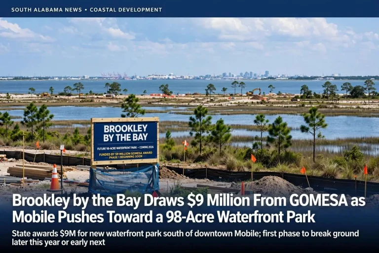Illustration for the news story: Brookley by the Bay Draws $9 Million From GOMESA as Mobile Pushes Toward a 98-Acre Waterfront Park