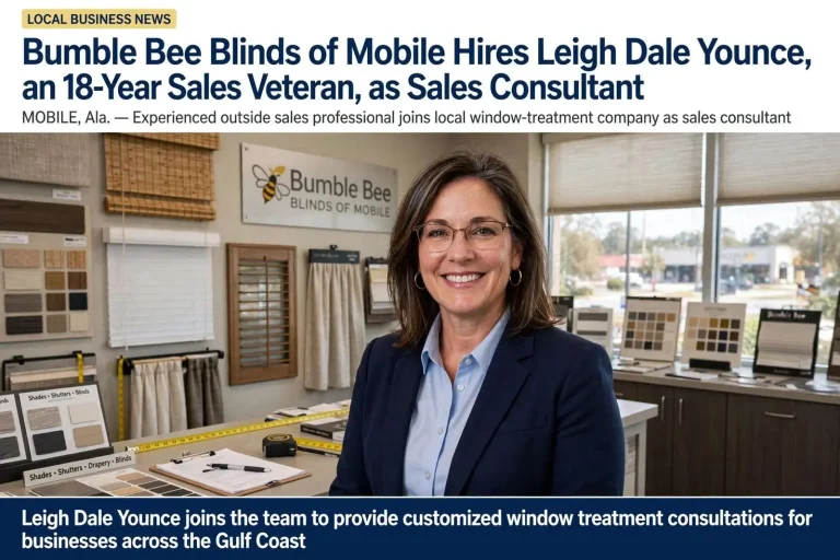 Illustration for the news story: Bumble Bee Blinds of Mobile Hires Leigh Dale Younce, an 18-Year Sales Veteran, as Sales Consultant