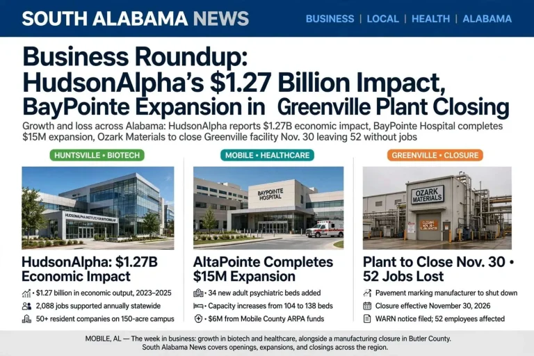 Illustration for the news story: Business Roundup: HudsonAlpha’s $1.27 Billion Impact, BayPointe Expansion in Mobile, Greenville Plant Closing