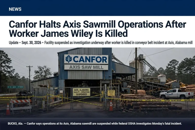 Illustration for the news story: Canfor Halts Axis Sawmill Operations After Worker James Wiley Is Killed