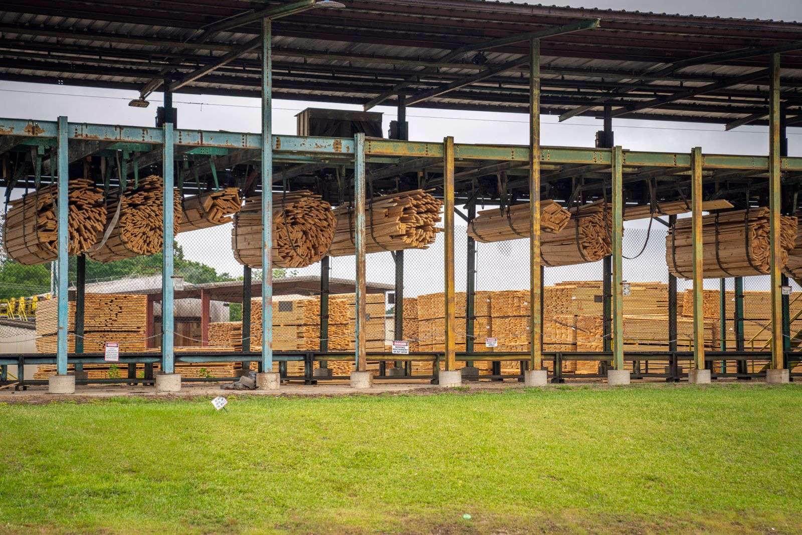 Stacks of freshly cut lumber at a sawmill
