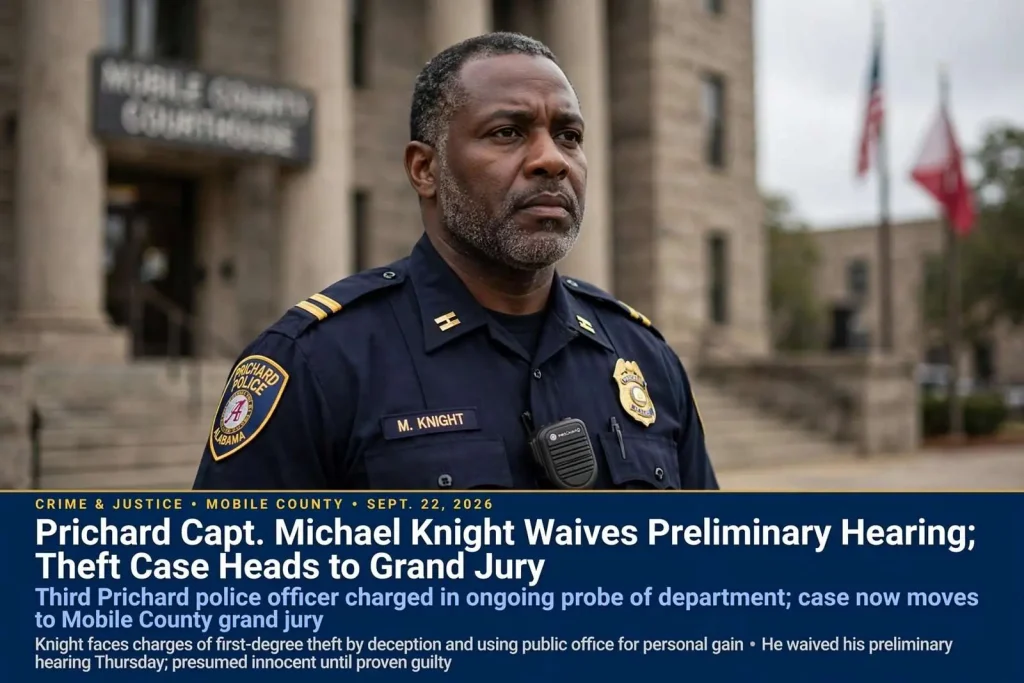 Illustration for the news story: Prichard Capt. Michael Knight Waives Preliminary Hearing; Theft Case Heads to Grand Jury