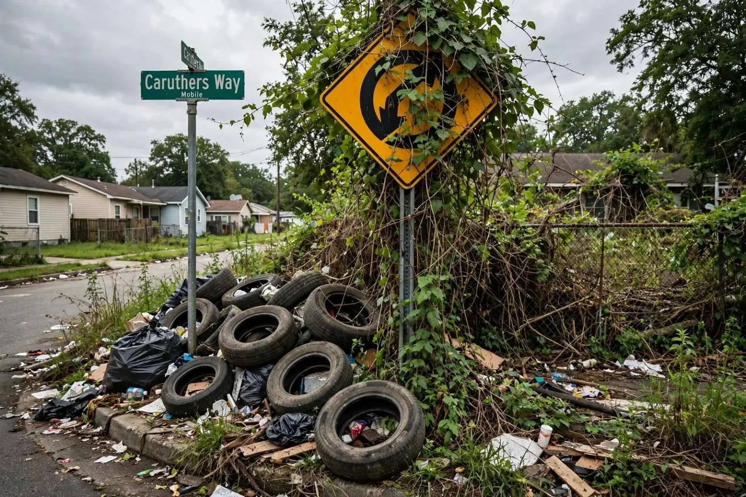Illustration for the news story: Caruthers Way Dumping and Overgrowth Draw Complaints as Mobile Searches for Property Owner