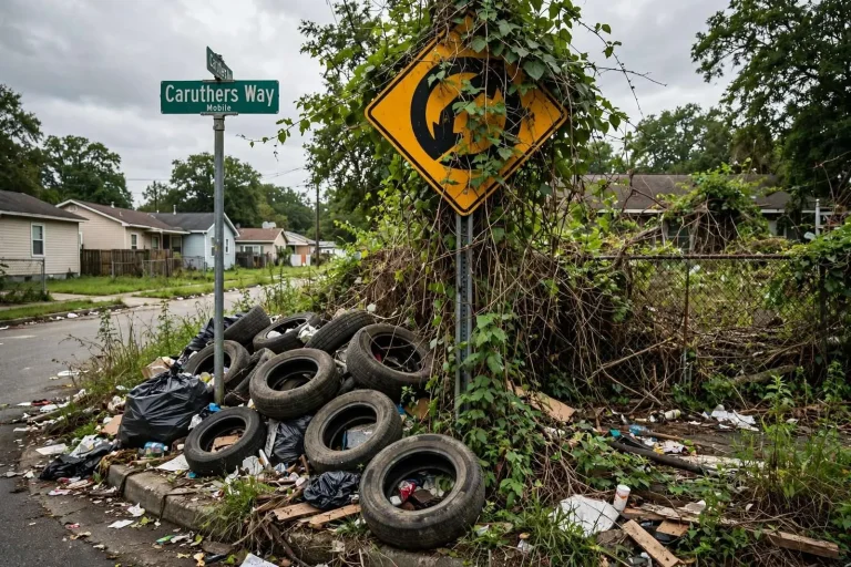 Illustration for the news story: Caruthers Way Dumping and Overgrowth Draw Complaints as Mobile Searches for Property Owner
