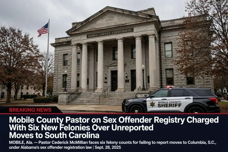 Illustration for the news story: Mobile County Pastor on Sex Offender Registry Charged With Six New Felonies Over Unreported Moves to South Carolina