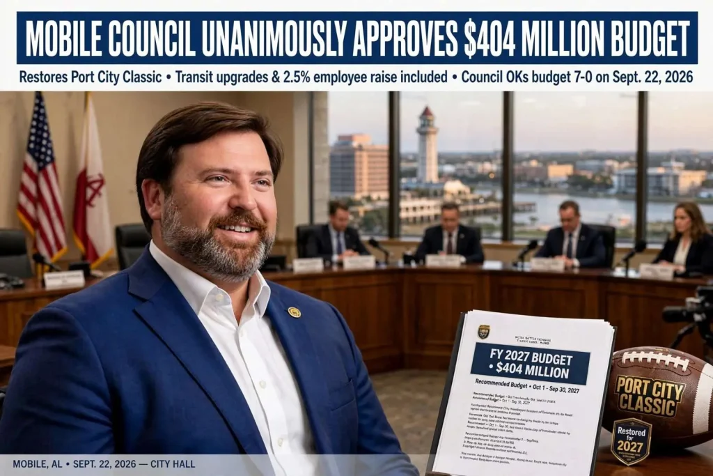 Illustration for the news story: Mobile Council Unanimously Approves $404 Million Budget, Restores Port City Classic