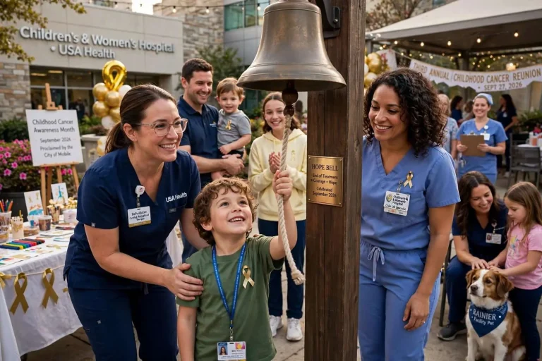 Illustration for the news story: A Reunion, a Bronze Bell and a Proclamation: USA Health Marks Childhood Cancer Awareness Month