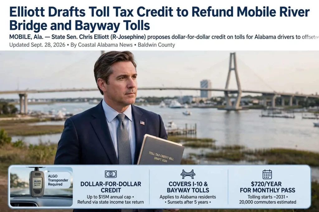 Illustration for the news story: Elliott Drafts Toll Tax Credit to Refund Mobile River Bridge and Bayway Tolls