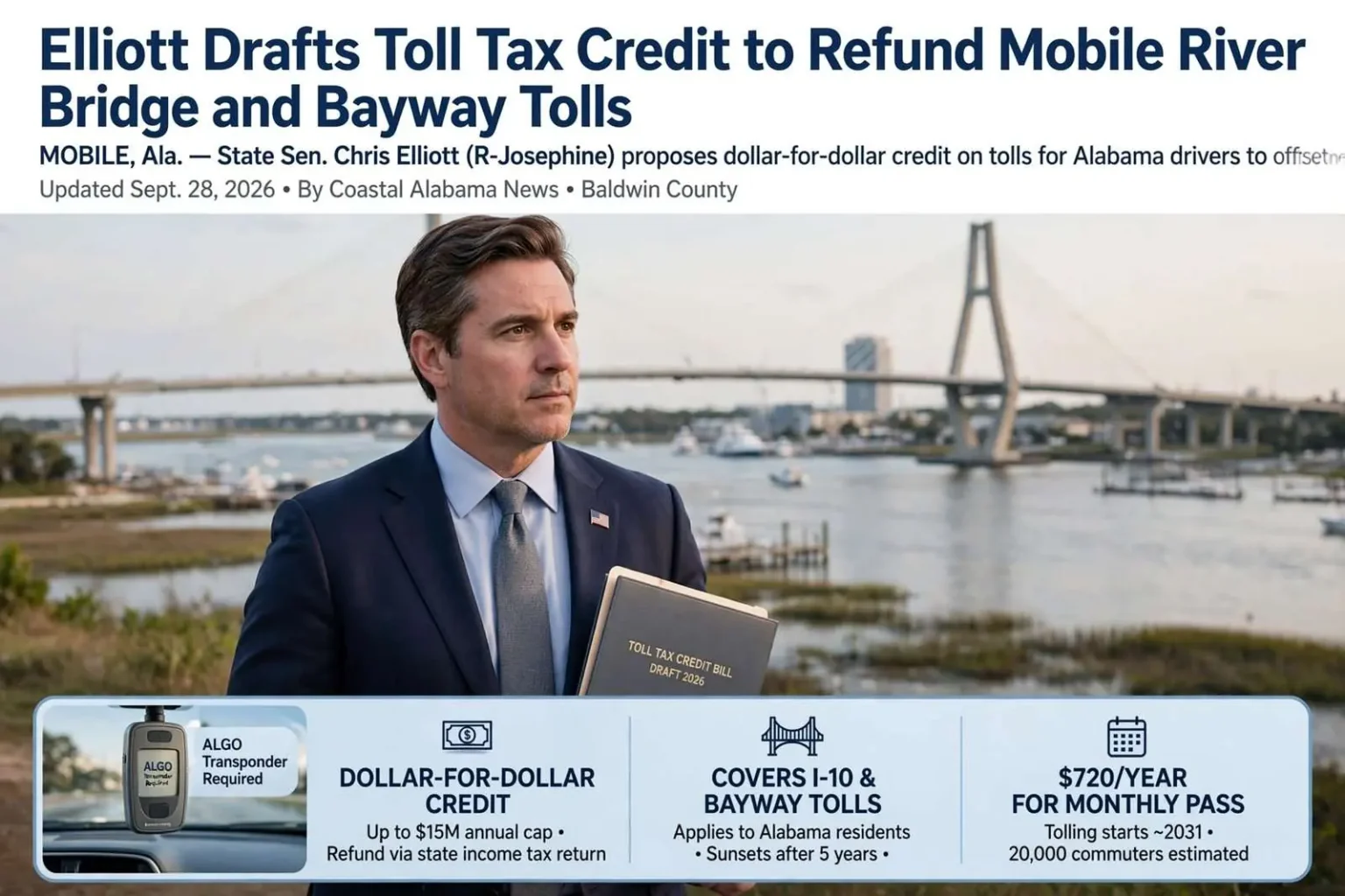 Illustration for the news story: Elliott Drafts Toll Tax Credit to Refund Mobile River Bridge and Bayway Tolls