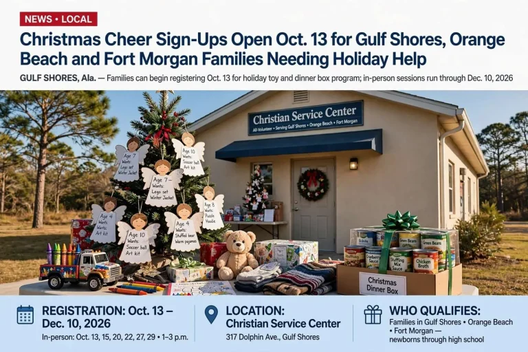 Illustration for the news story: Christmas Cheer Sign-Ups Open Oct. 13 for Gulf Shores, Orange Beach and Fort Morgan Families Needing Holiday Help