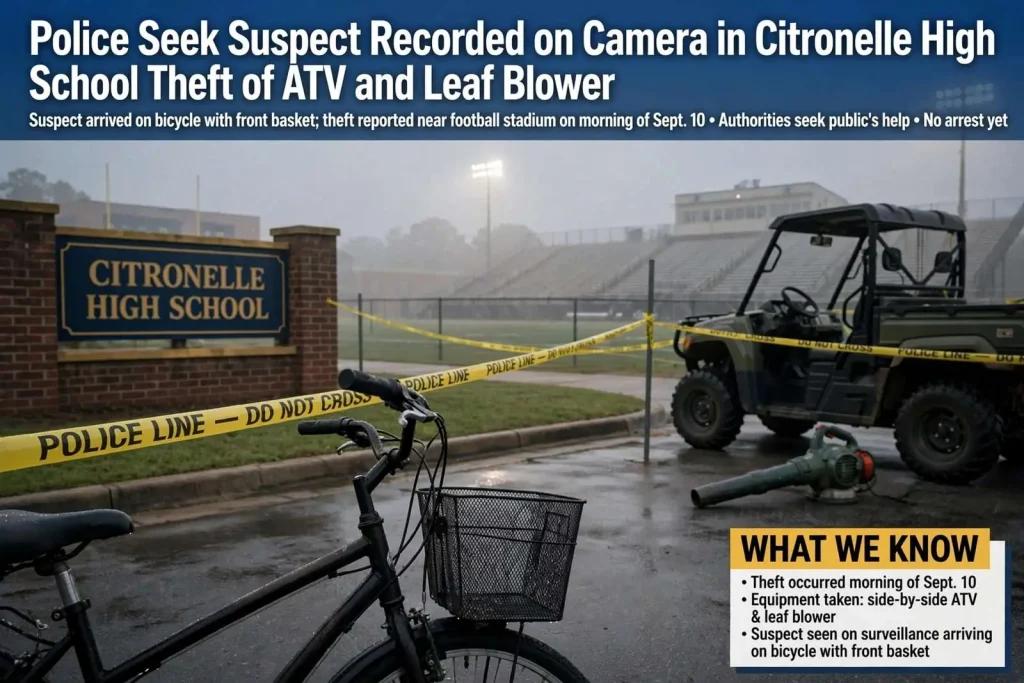 Illustration for the news story: Police Seek Suspect Recorded on Camera in Citronelle High School Theft of ATV and Leaf Blower
