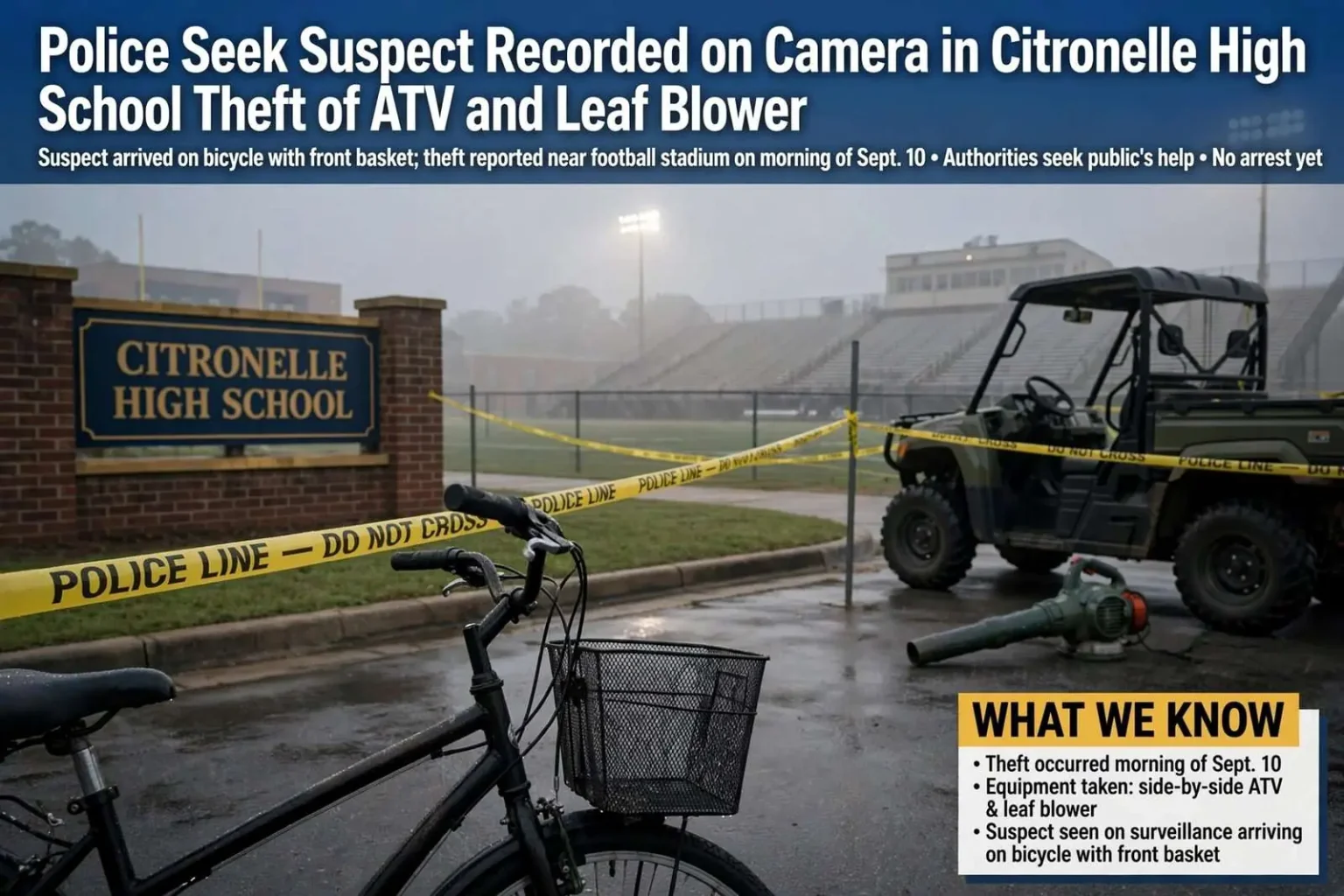 Illustration for the news story: Police Seek Suspect Recorded on Camera in Citronelle High School Theft of ATV and Leaf Blower