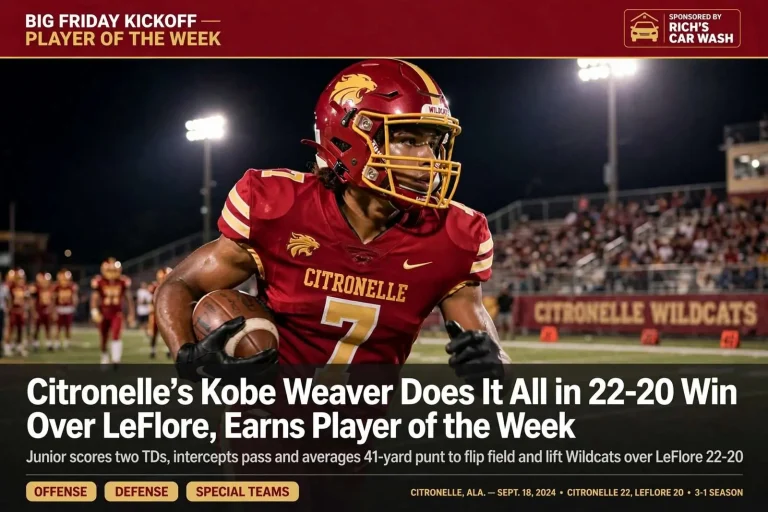 Illustration for the news story: Citronelle’s Kobe Weaver Does It All in 22-20 Win Over LeFlore, Earns Player of the Week