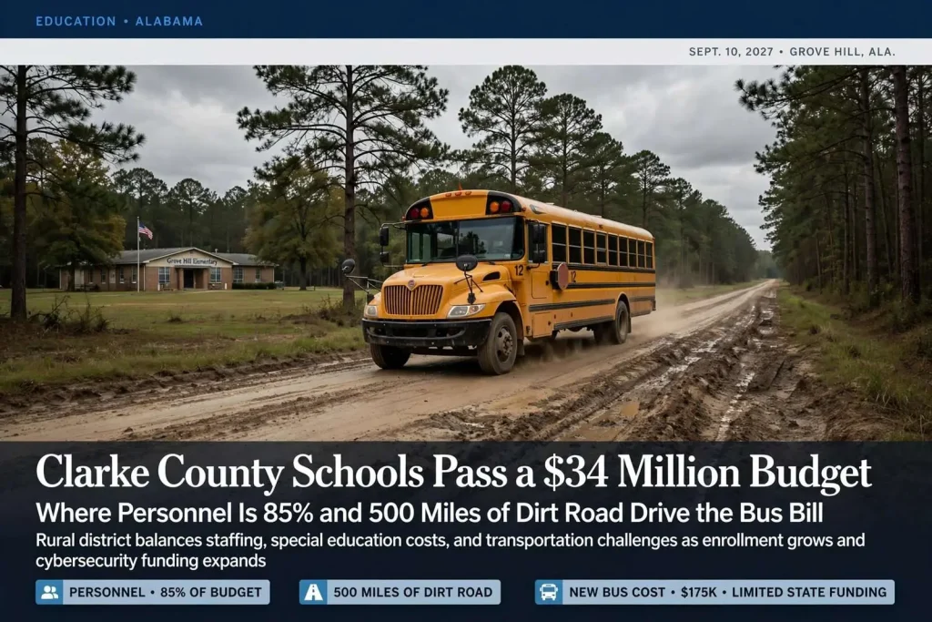 Illustration for the news story: Clarke County Schools Pass a $34 Million Budget Where Personnel Is 85% and 500 Miles of Dirt Road Drive the Bus Bill