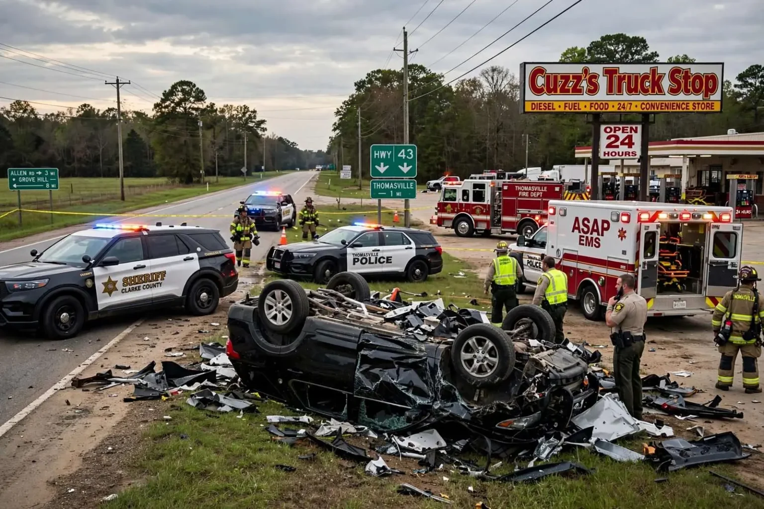 Illustration for the news story: Clarke County pursuit reaches 140 mph before crash near Cuzz’s Truck Stop in Thomasville