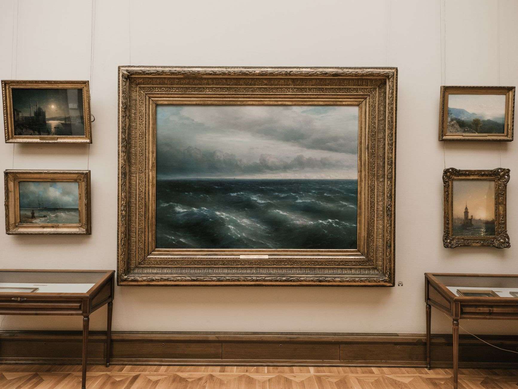Colorful framed paintings hanging on a white wall in a small art gallery