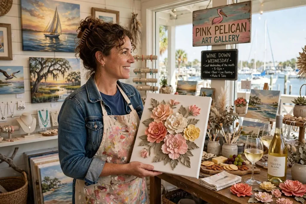 Illustration for the news story: Clay Florals, Coastal Canvases and Wine: Inside Orange Beach’s Pink Pelican Art Gallery