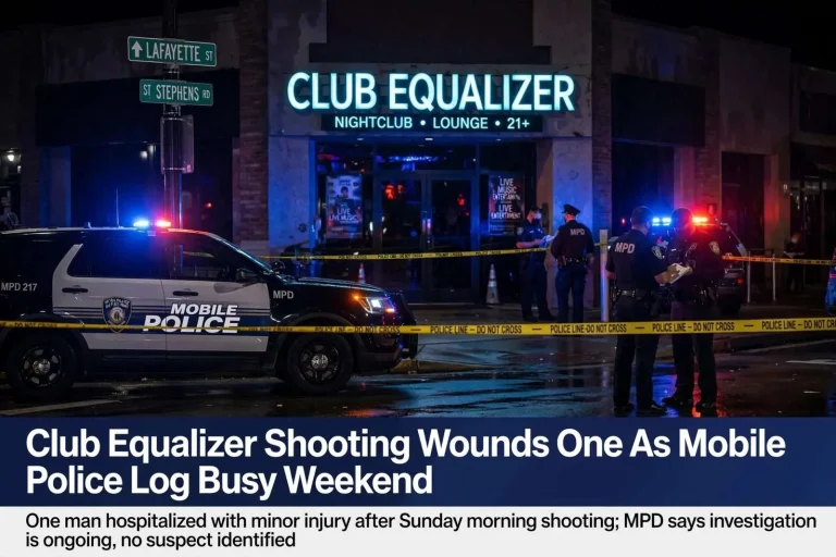 Illustration for the news story: Club Equalizer Shooting Wounds One As Mobile Police Log Busy Weekend