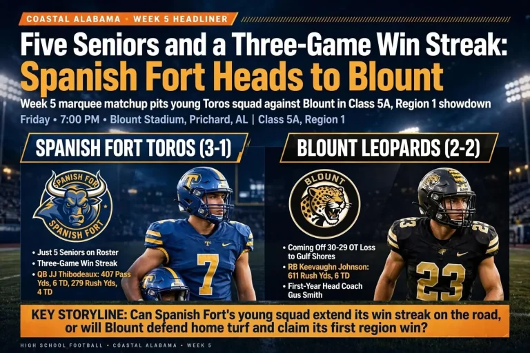 Illustration for the news story: Five Seniors and a Three-Game Win Streak: Spanish Fort Heads to Blount in Coastal Alabama’s Week 5 Headliner