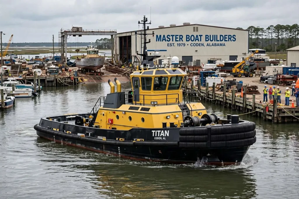 Illustration for the news story: Coden’s Master Boat Builders Puts Third Texas-Bound Escort Tug, the Titan, in the Water