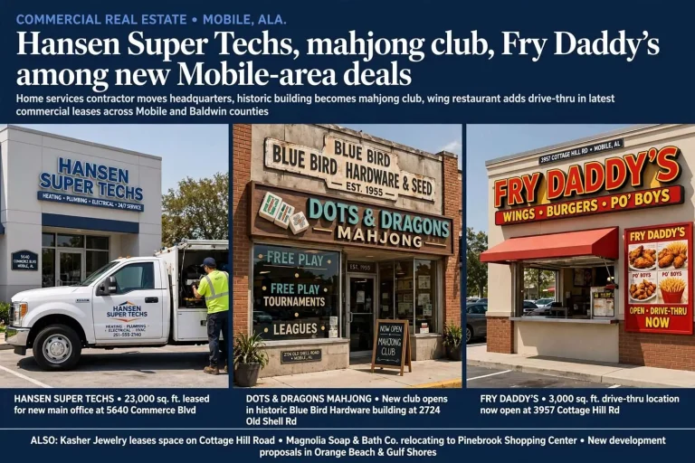 Illustration for the news story: Commercial real estate: Hansen Super Techs, mahjong club, Fry Daddy’s among new Mobile-area deals