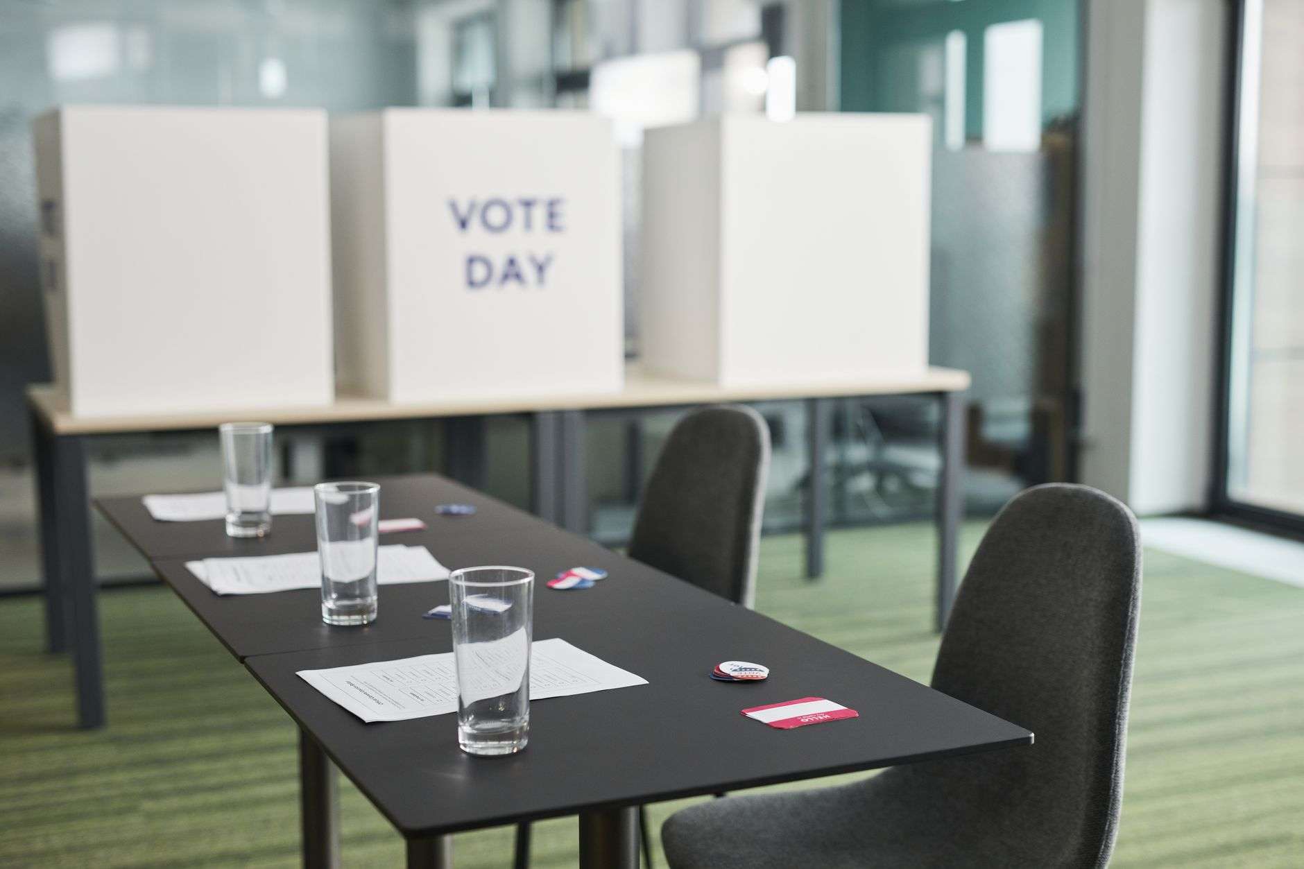 Empty voting booths set up in a polling place on election day