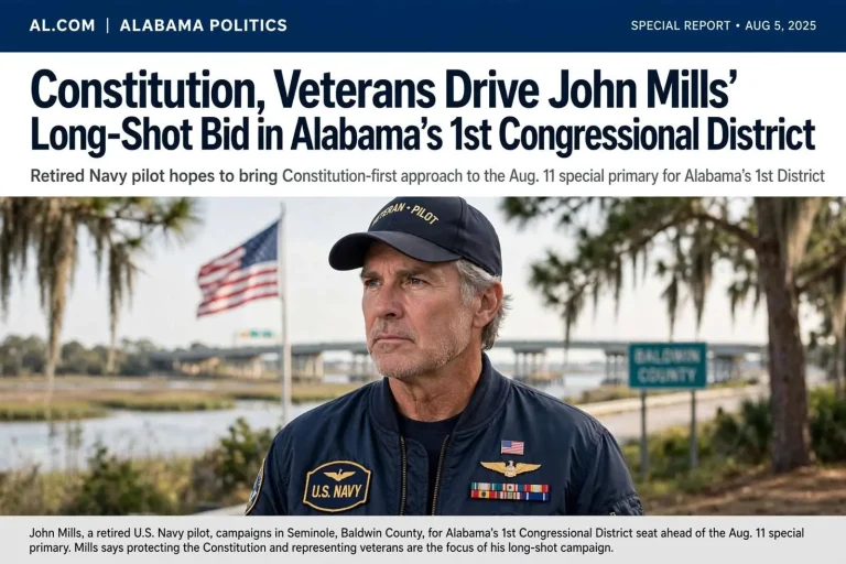 Illustration for the news story: Constitution, Veterans Drive John Mills’ Long-Shot Bid in Alabama’s 1st Congressional District