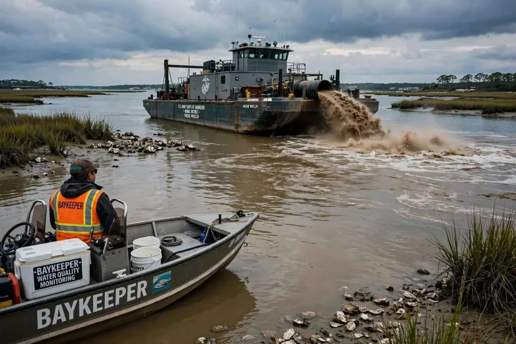 Illustration for the news story: Corps Refuses Public Hearing as Baykeeper Clash Over Mobile Bay Dredging Escalates
